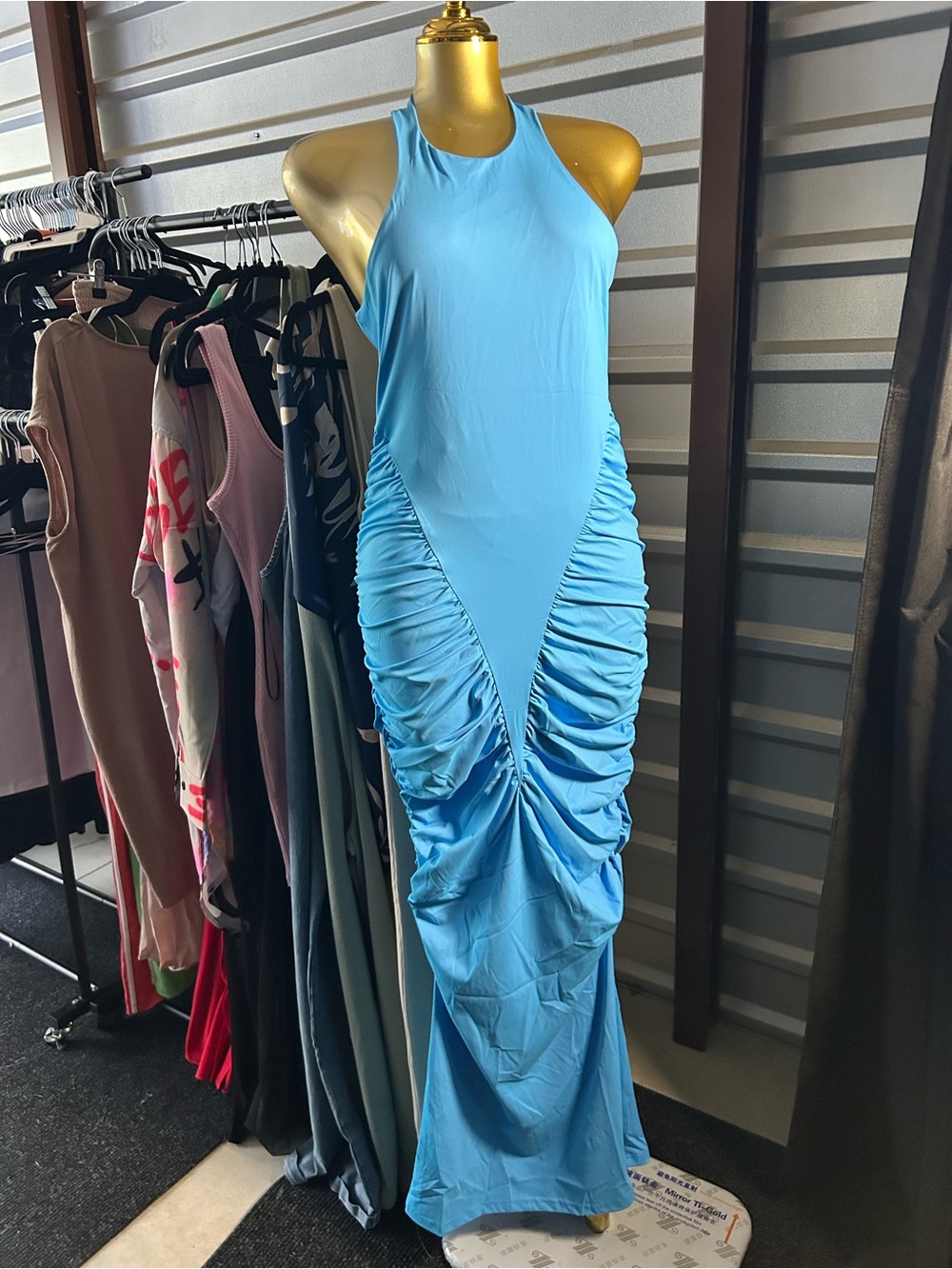 Women’s Sky Blue Ruched Halter Maxi Dress